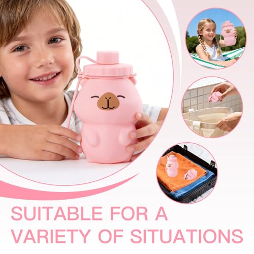 Kawaii Capybara Collapsible Water Bottle - 17oz Pink