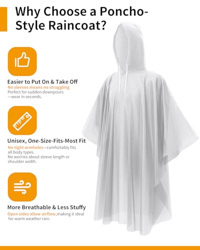 Disposable Rain Ponchos - Extra Long Waterproof Emergency Poncho with Hood for Adults, Bulk Family 6 Pack Raincoat for Park, Concerts, Hiking, Camping Essentials, Home Emergency Survival Kits, Clear