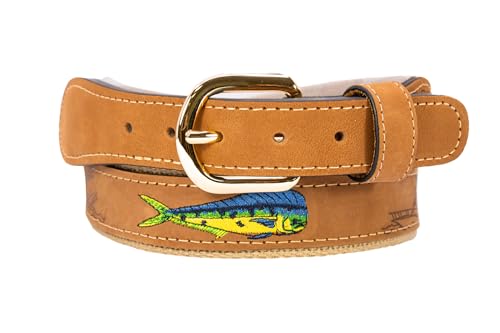 Men's Tan Leather Dolphin Embroidered Belt - Size 38