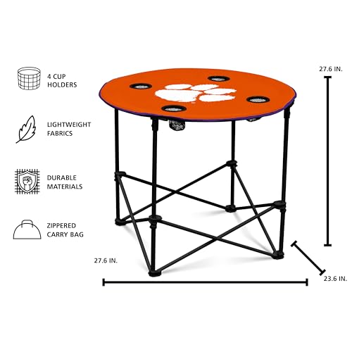 Logo Brands Clemson Tigers Round Tailgating Table – Portable Folding with 4 Cup Holders, 27.6" Diameter