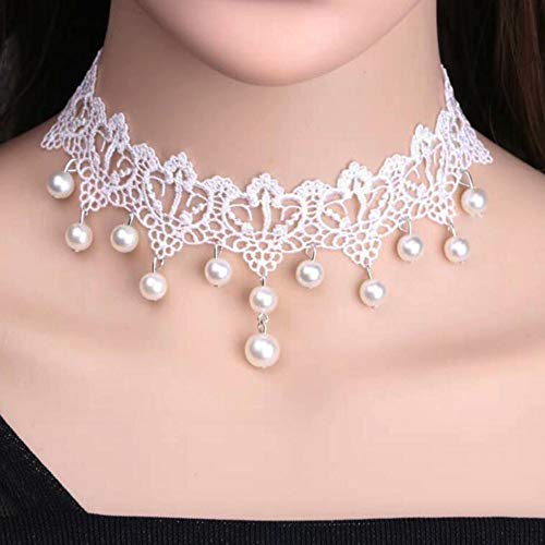 White Lace Pearl Choker Necklace - Gothic Bridal Wedding Jewelry