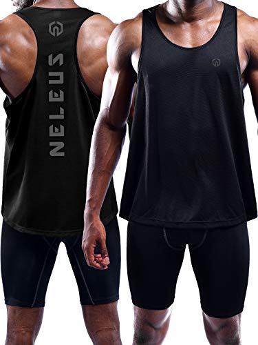 Men's 3 Pack Dry Fit Y-Back Muscle Tank Gym Shirt - Large, Black/Grey/Olive-Green