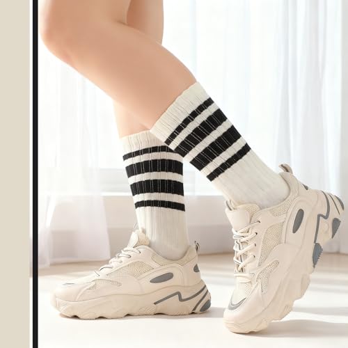 Retro Striped Cotton Crew Socks - 3 Pairs, Black, White, Gray