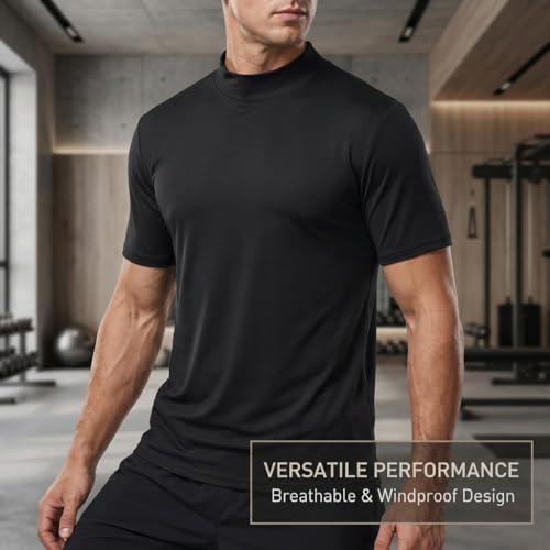 Men Short Sleeve Mock Neck T-Shirt Black Medium - Stretchy Sports Tee