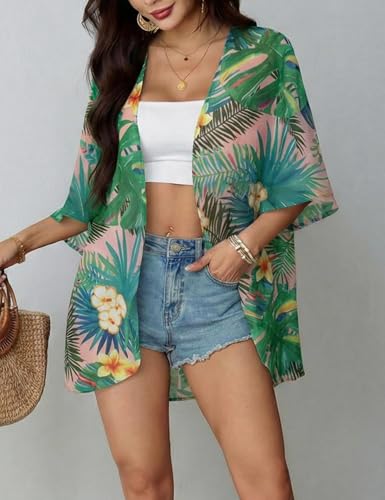 Floral Chiffon Beach Cover Up Kimono Cardigan - Pink Tropical, Medium