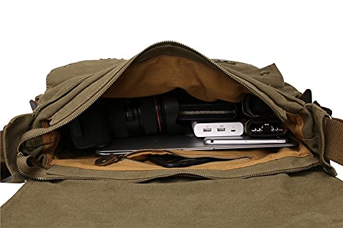 Sechunk Small Army Green Vintage Military Leather Canvas Laptop Bag Messenger