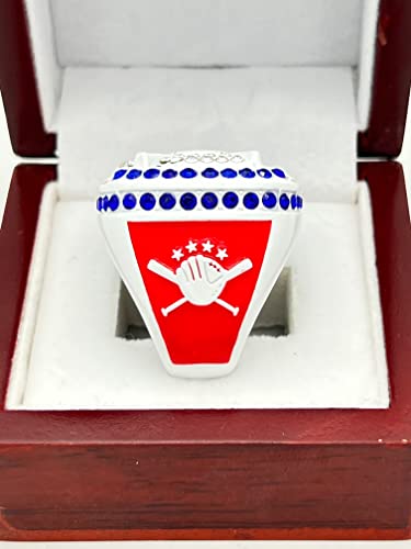 Tournament Champion Softball Baseball Ring - White Body, Blue Stones, Red Sides