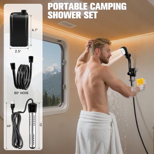 LanBlu Portable Shower with 2000W Heater, 6000mAh Battery - Black