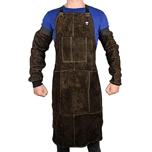 Waylander FJALAR Full Length Welding Apron ? Authentic Split Leather Cowhide and Kevlar Reinforced Stitching; Shop Apron for Welders, Blacksmiths and Machinists; Bib Tool Pockets and Cross Strap Back