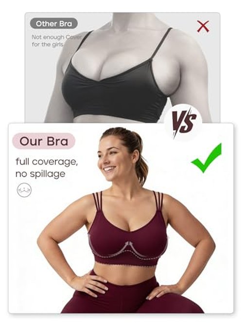 FITTIN Padded Sports Bra for Women: Strappy Seamless Zero-Friction Yoga Bra for Pilates Lounge - 3-Straps 30% Less Pressure Ultra Comfortable Support for Large Bust Casual Woman