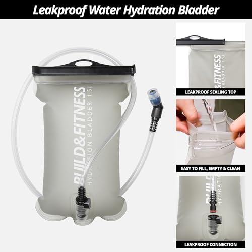 Build & Fitness Black Hydration Vest with 1.5L Bladder & 2 Soft Flasks for Running & Hiking