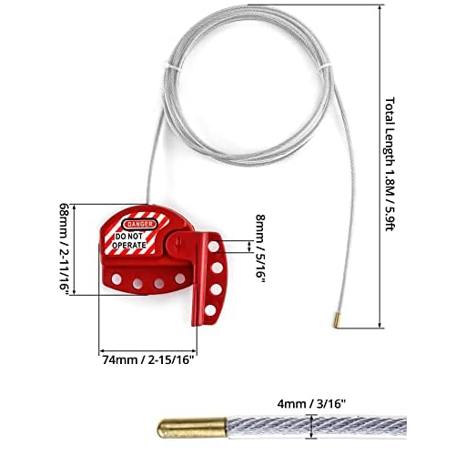 QWORK Lockout Tagout Cable Lock, 8 Pack Adjustable Steel Vinyl Coated Cable Lockout, 3/16" Diameter, 5.9' Length, Red