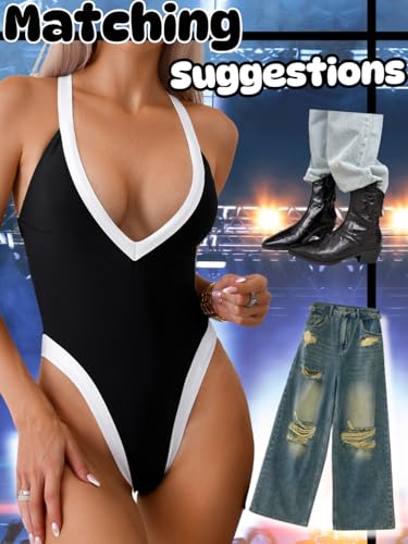 ChiaoLezhee Color Block Swimsuit Black White Medium - Plunge V Neck, High Cut, Backless for Pool & Vacation