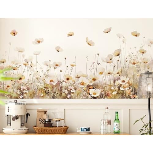 3D Removable Flowers Wall Decals Peel and Stick Floral Plants Wall Stickers Vinyl Wildflower Grass Wall Stickers Mural Art Decor for Nursery Bedroom Living Room Home Kitchen