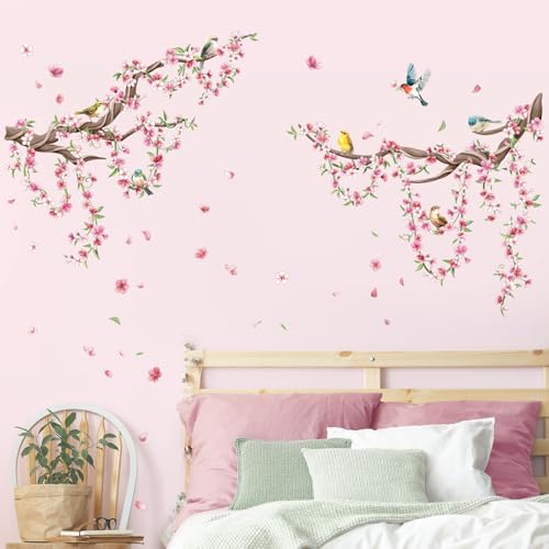 Cherry Blossom Tree Branch Wall Decals Pink Peach Flower Wall Stickers Spring Floral Birds Wall Art Decor for Bedroom Hall Livingroom Office TV Backdrop with 3 Sheets (11.8 x 35.4 inches/1 Sheet