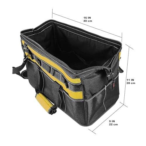 Olympia Tools 16 Inch Wide Mouth Tool Bag, Tool Tote with Water Proof Molded Base, Tool Bags for men with 21 Pockets and 7 Belt Loops, Padded Handle, Adjustable Shoulder Strap