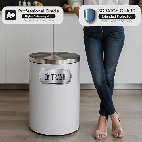 Recycle and Trash Stickers for Trash Cans - Metallic Vinyl Recycling Bin Labels ? 2 Pack - Large 10" by 4.25" Decals Logo - Waste Signs for Home Kitchen or Office Bins Indoor/Outdoor Use