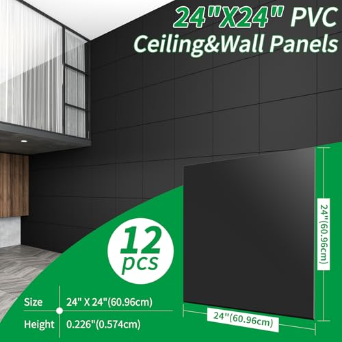 Art3d 24"x24" Smooth Drop Ceiling Tiles (48 Sq.Ft), 12-Pack 2ft x 2ft PVC Tiles for Home and Office, Waterproof and Reusable Plastic Ceiling, Black