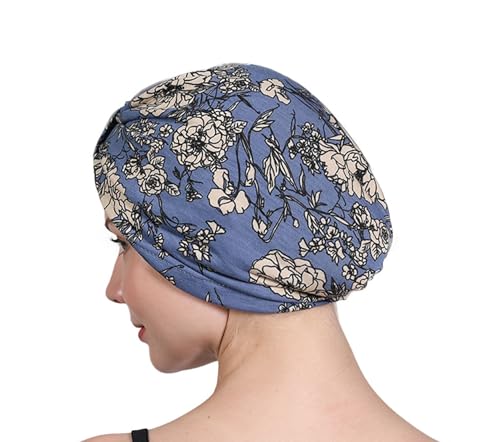 Satin Lined Chemo Turban Beanie Head Wrap - Blue & Floral