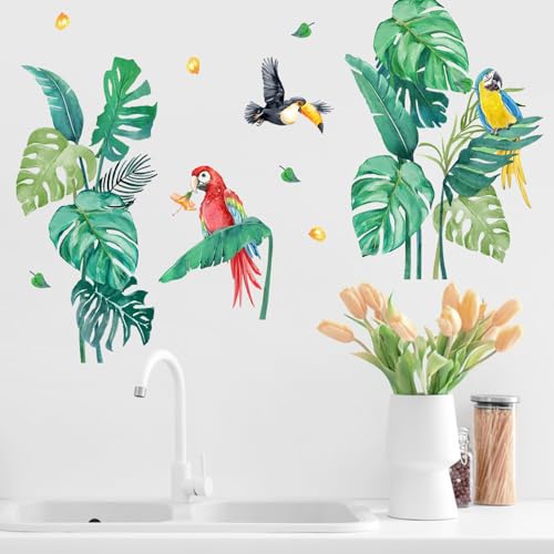Yovkky Tropical Plant Birds Wall Decals Stickers,Hawaii Palm Leaves Monstera Parrot Toucan Toddlers Baby Nursery Decor,Aloha Greenery Hibiscus Flower Home Decorations Kids Bedroom Playroom Art