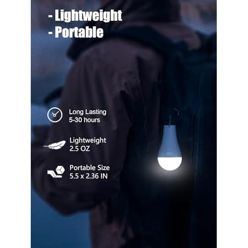 Rechargeable Camping Light Bulbs - Hanging LED Tent Lights with Auto On/Off Mode, 3 Brightness Levels, USB Rechargeable for Home Emergency, Camping, Hiking, Hurricane (4-Pack)