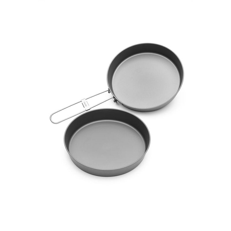 TOAKS Titanium Nesting Pan 2PC Set – 6.5 inch Deep Frying Pan with Foldable Handle and Matching Nesting Plate for Open Fire Cooking and Group Meals