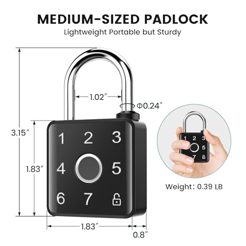 Fingerprint Padlock, Fingerprint/Password/RFID/App Unlock, USB-C Rechargeable Waterproof Biometric Padlock for Gym Locker, School Locker, Backyard Gate, Shed, Fence Door