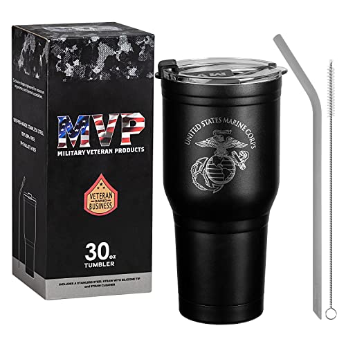 USMC 30 oz Stainless Steel Tumbler - Marine Corps Travel Mug with Lid & Straw, Double Wall Insulation
