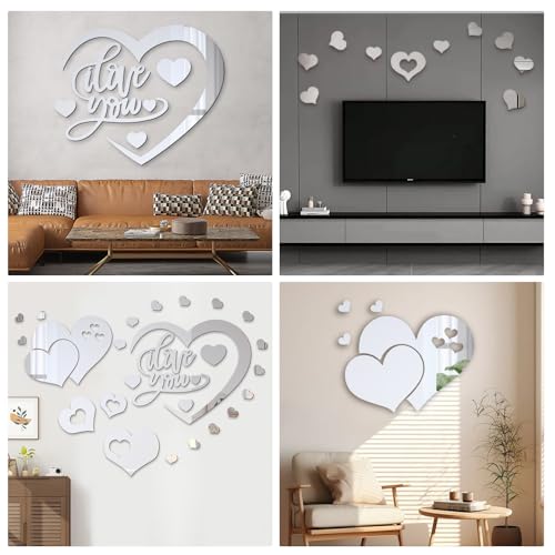 25 PCS Mirror Wall Decor, Acrylic Removable Heart Shape Mirror Stickers, DIY Self-Adhesive Wall Decor for Home Living Room Bedroom Bathroom Kitchen Sofa TV Background Decoration(Silver)