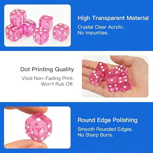 12 Piece Pink Translucent D6 Dice Set - Casino & Table Games