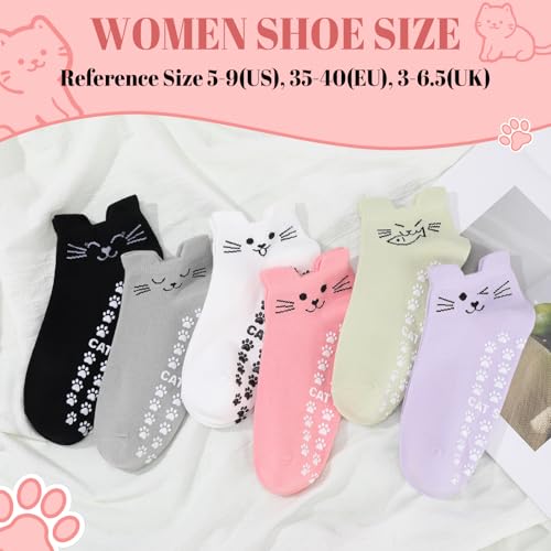 Cute Non-Slip Cat Pilates Ankle Socks for Women - 6 Pairs, One Size