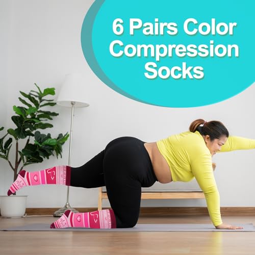 Jspupifip Plus Size Wide Calf Compression Socks 6 Pairs - Black White Blue Rose Red XX-Large