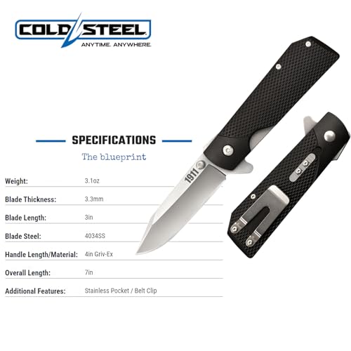 Cold Steel 1911 3" Clip Point Folding Knife Black Boxed, Razor-Sharp Blade, Griv-Ex Handle, Liner Lock, Everyday Carry