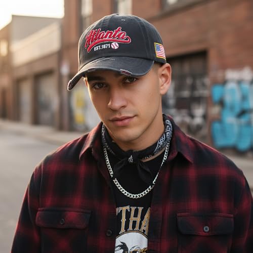 BEHDIJ Vintage Washed 3D Embroidered Baseball Cap L-Atlanta - Adjustable Cotton Dad Hat for Men Women Teens