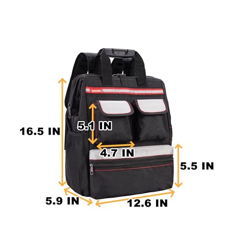 Backpack Tool Bag with Padded Back Support Heavy Duty Tool Kit Carrier Storage Bags for Electrician, Plumber, HVAC, Cable Repairman