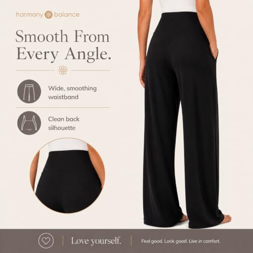 Harmony & Balance Palazzo Pants for Women - High Waisted Wide Leg Yoga Pants with Pockets (Medium, Black Flat Front)