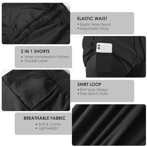 2-in-1 Men's Athletic Running Shorts - Workout Gym Training - Medium Black
