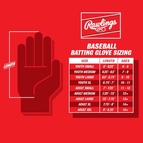 Rawlings Youth Baseball Batting Gloves Large Black/Black - Comfortable Durable Fit
