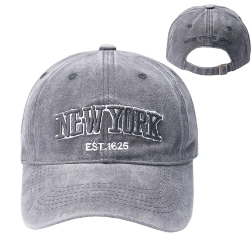 New York Embroidered Baseball Cap - Distressed Gray Dad Hat