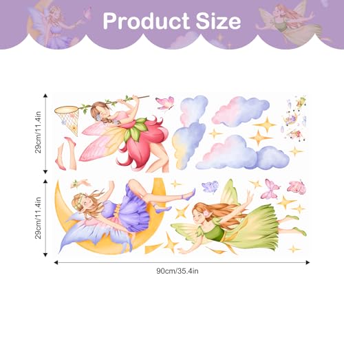 Tanlaby Fairy Wall Decals Elf Moon Clouds Wall Stickers Peel and Stick Art Decor for Girls Bedroom Baby Nursery Kids Toddler Playroom