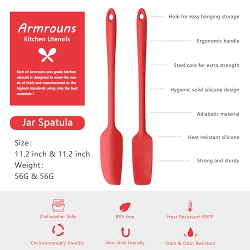 Silicone Jar Spatula Set - Long Handle Kitchen Scraper, Red