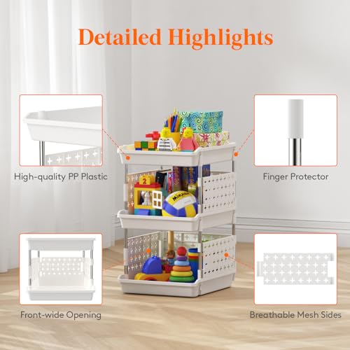 Lifewit Plastic Stackable Storage Baskets, 3 Tier Stacking Bins 13.8"D x 11.8"W x 21.3"H, Large Capacity Multi-Functional Containers Shelves for Pantry, Playroom, Kitchen and Bedroom, 1 Pack, White