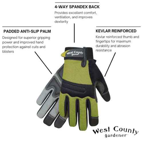 West County Gardener Chester Protective Gear 044S/M Women's Landscape Gloves ? Medium, Stem, Work Gloves w/Neoprene Knuckle, Anti-Slip Palms, Reinforced Thumb & Fingertips