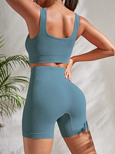 YWBIN 4-Piece Seamless Ribbed High Waist Yoga Set with Sports Bra – Black/Light Blue, XL