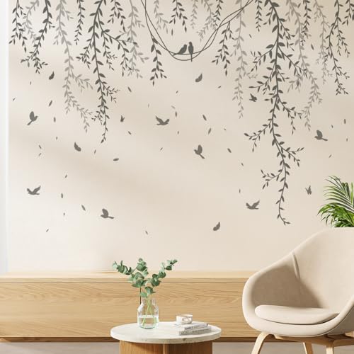 3D Removable Grey Vines Wall Stickers - Peel & Stick DIY Wall Decals with Flying Birds, Waterproof PVC Wall Decor for Kids Room, Bedroom, Living Room, Office (30x45cm x6, 89x164cm Coverage)