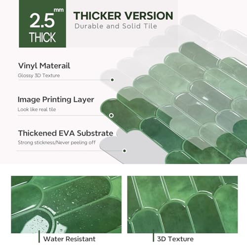 Vamos Tile Upgraded Thicker Design Peel and Stick Backsplash Tile, 1-Sheet Green Self Adhesive Vinyl Wall Tiles, Stick on Backsplash for Kitchen, Bathroom,RV (Thicker Design)