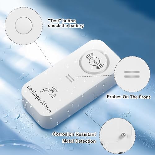 Water Sensor Alarm Leak Detector 90dB Adjustable Audio Alarm Sensor, Sensitive Leak and Drip Alert for Kitchen Bathroom Basement (2 Pack)
