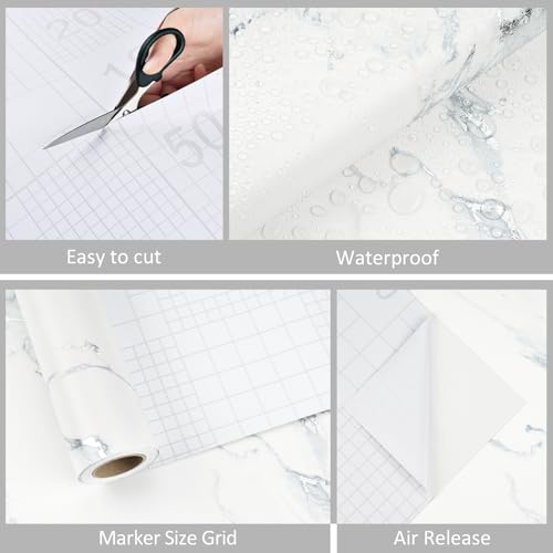 WESTICK White/Silver Marble Contact Paper Peel and Stick Countertops Waterproof Marble Wallpaper Peel and Stick Faux Counter Vinyl Wrap Self Adhesive Contact Paper for Cabinets Table Desk 15.8¡± X 80¡±