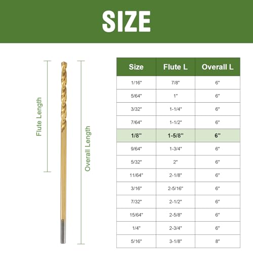 1/8 x 6 Inch Extra Long Drill Bits (6 Pack), Aircraft Drill Bit Titanium M2 High Speed Steel for Wood, Plastic, PVC, Thin Metal Sheet