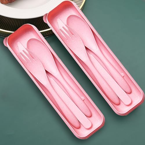 Pink Reusable Travel Utensils Set with Case - Wheat Straw Eco-Friendly Cutlery
